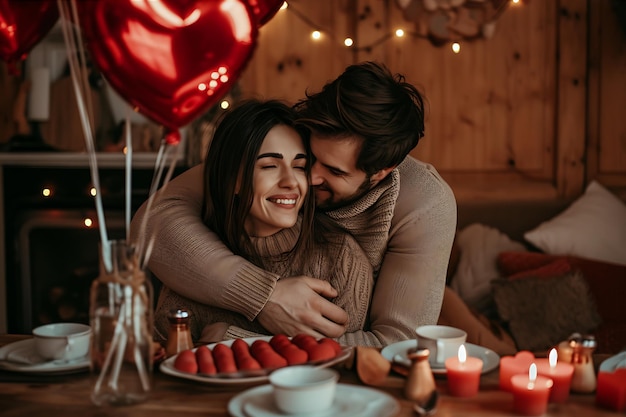 Um casal feliz abraçando-se no Dia dos Namorados em casa