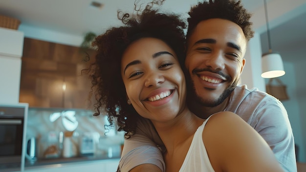 Foto um casal feliz abraçando-se numa cozinha moderna, um jovem amor alegre, um estilo de vida casual, uma felicidade doméstica, uma ia.