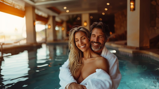 Foto um casal feliz abraçando-se numa piscina luxuosa ao pôr-do-sol