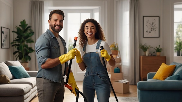 Um casal feliz armado com equipamentos de limpeza trazendo alegria para a sala de estar