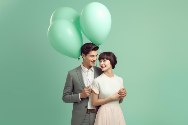 Um casal feliz com um balão de fundo
