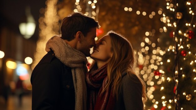 Um casal feliz compartilhando um beijo sob o visco cercado por luzes de férias e decorações hd