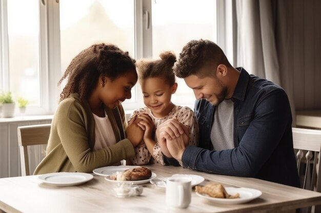 Um casal feliz de família multirracial com filhos reza juntos antes de tomar o café da manhã em casa juntos pais multiétnicos com crianças de raça mista dão as mãos dizem oração sentam-se na mesa da cozinha