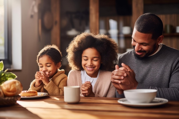 Um casal feliz de família multirracial com filhos reza juntos antes de tomar o café da manhã em casa juntos pais multiétnicos com crianças de raça mista dão as mãos dizem oração sentam-se na mesa da cozinha