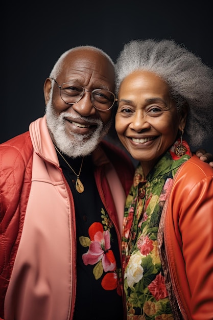 Um casal feliz de idosos afro apaixonados gerados por IA.