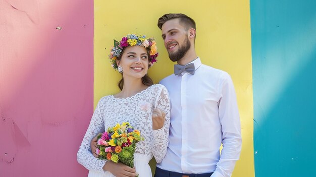 Um casal feliz de pé contra um fundo colorido