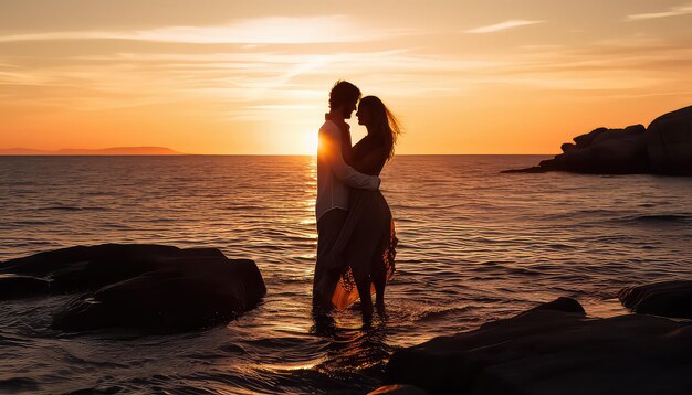 Foto um casal feliz de pé no mar ao pôr-do-sol. conceito do dia dos namorados.