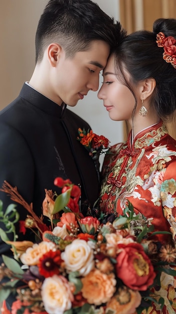 Um casal feliz de uma noiva vestido com um casal chinês tradicional posando para uma foto de casamento