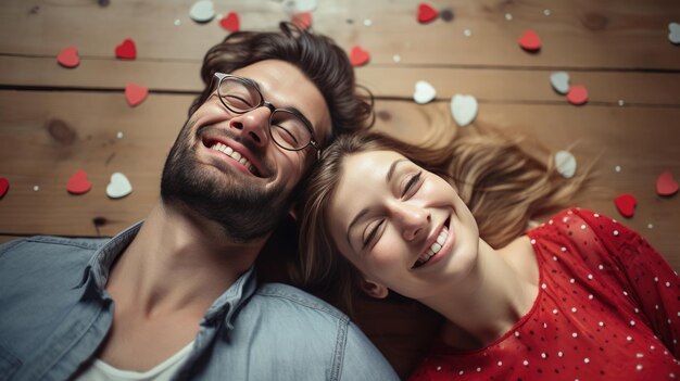 Foto um casal feliz deitado em um chão de madeira cercado por recortes em forma de coração vermelho e branco