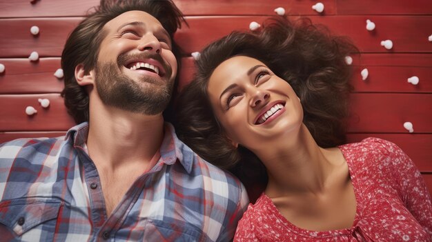 Foto um casal feliz deitado em um chão de madeira cercado por recortes em forma de coração vermelho e branco