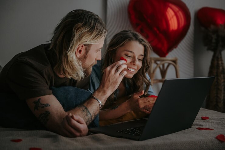 Foto um casal feliz e apaixonado faz compras online deitado na cama e usando um laptop com balões em forma de coração.
