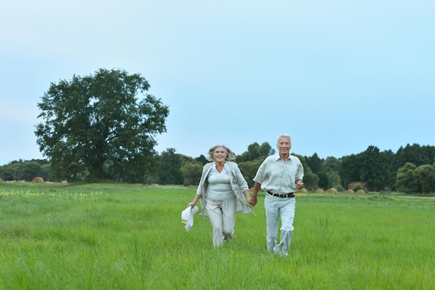 Um casal feliz e bonito a correr no campo de verão.