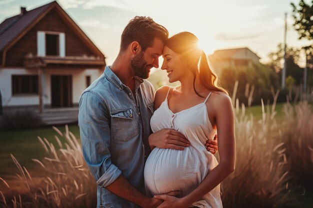 Um casal feliz e grávido em frente à sua casa recém-construída