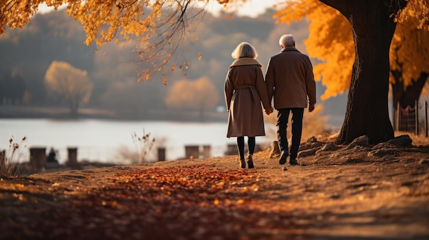 Um casal feliz e grisalho, caucasiano, idoso, desfrutando da saúde, respirando ar fresco na estação de outono, a natureza, o traseiro, um casal de idosos a caminhar juntos no parque pela manhã.
