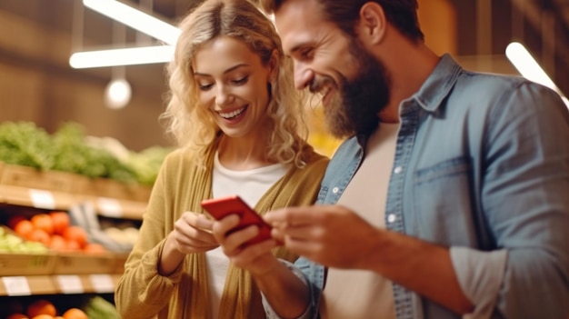 Um casal feliz é visto em um supermercado comparando listas de compras em um telefone