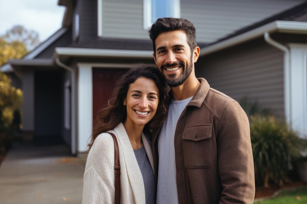 Foto um casal feliz em frente à casa, um casal orgulhoso sorrindo felizmente em frente à sua nova casa.