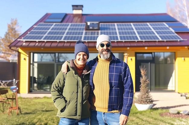 Um casal feliz está perto de sua casa instalado com painéis solares