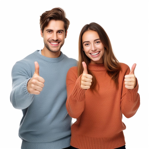 Foto um casal feliz fazendo polegares bonitos usando suéteres isolados em fundo branco