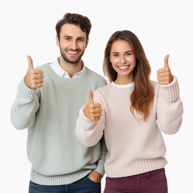 Foto um casal feliz fazendo polegares bonitos usando suéteres isolados em fundo branco