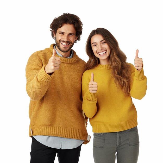 Foto um casal feliz fazendo polegares bonitos usando suéteres isolados em fundo branco