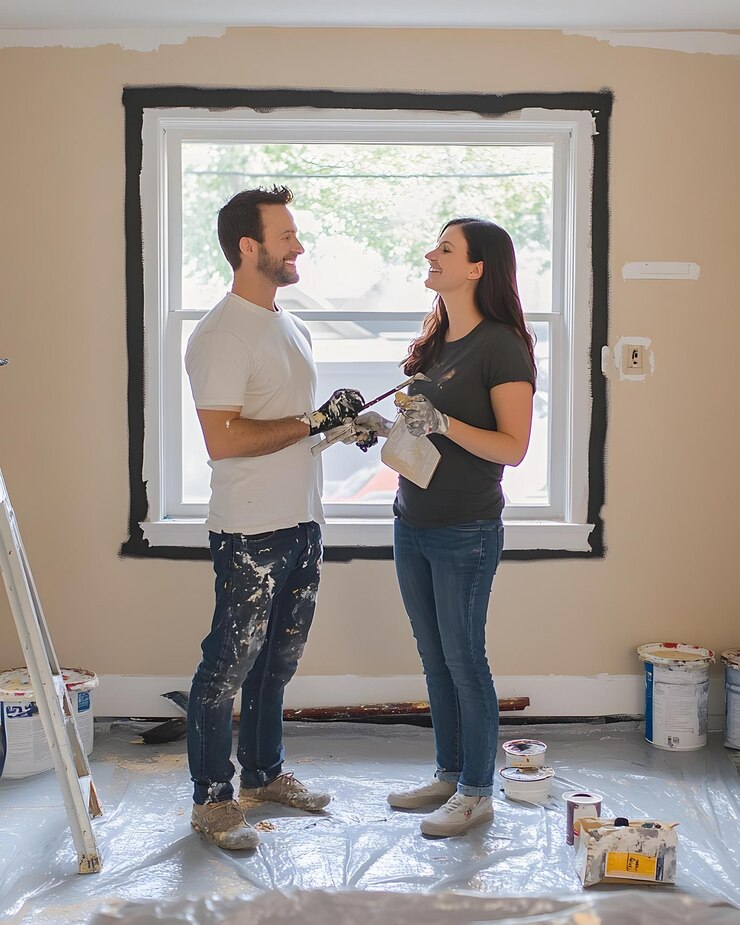 Um casal feliz pintando sua casa juntos