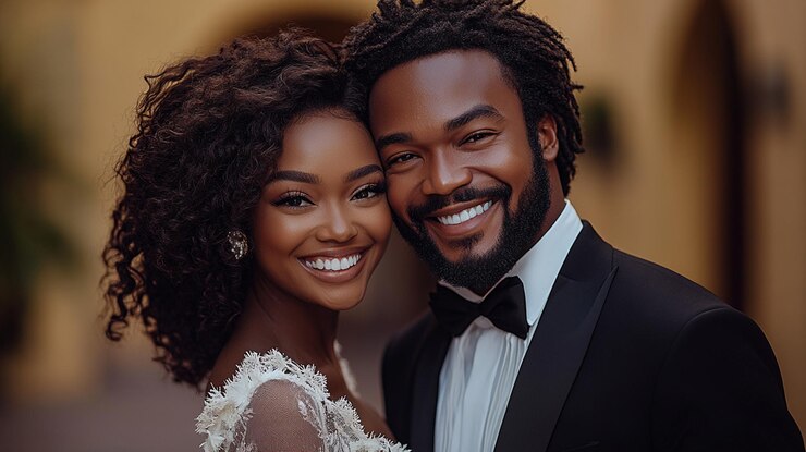 Foto um casal feliz rindo contra um fundo luxuoso
