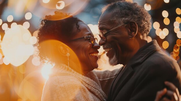 Um casal feliz, romântico, afro-americano, está a abraçar-se e a dançar juntos.