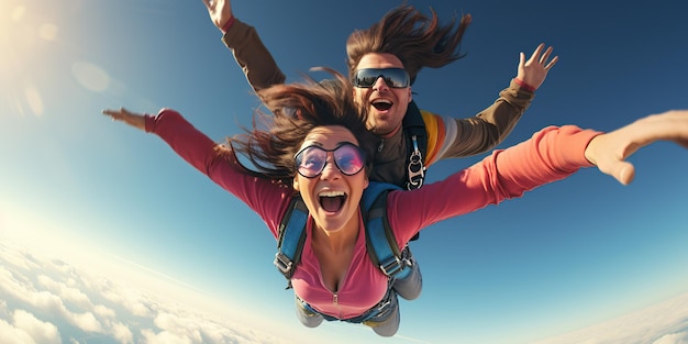 Foto um casal feliz salta de paraquedas experimentando a emoção da aventura e da liberdade e apreciando as vistas magníficas de cima generative ai