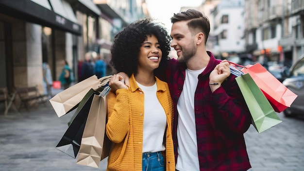 Foto um casal feliz segurando sacos de compras juntos