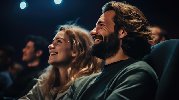 Foto um casal feliz sentado em um cinema e assistindo a um filme