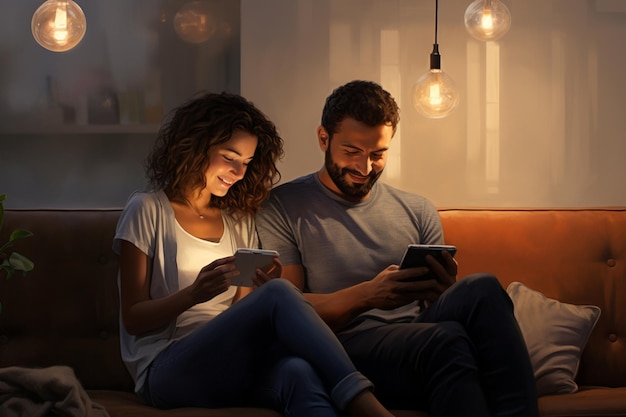 Um casal feliz sentado em um sofá usando telefones celulares em uma sala de estar com IA gerativa