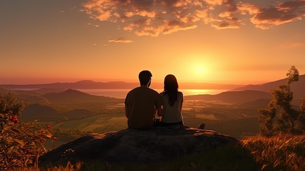 Foto um casal feliz sentado no topo da colina e apreciando o pôr do sol