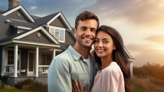 Foto um casal feliz sorridente com uma casa grande ao fundo