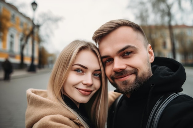 Um casal feliz tirando selfies juntos criado com IA generativa