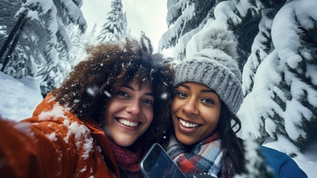 Um casal feliz tirando uma selfie brincalhona durante uma luta de bolas de neve em um país das maravilhas do inverno