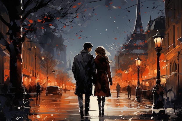 Um casal feliz, um jovem e uma garota caminhando por uma rua em Paris à noite no outono, após a chuva geração AI
