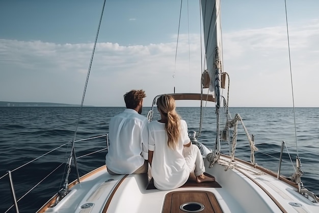 Um casal feliz vestido de branco está no convés de um luxuoso iate que navega no oceano Generative AI