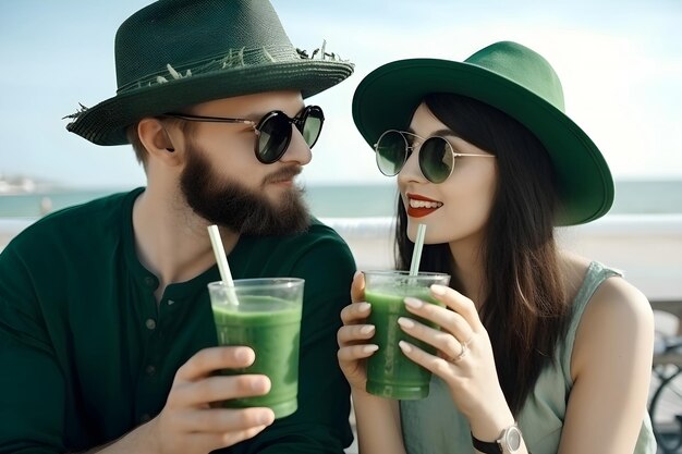 Foto um casal fictício a beber na praia criado por um software de ia generativa