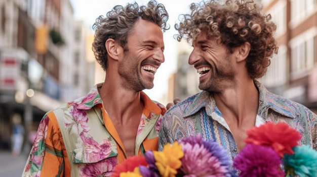 Um casal gay a sorrir e a celebrar o seu amor.