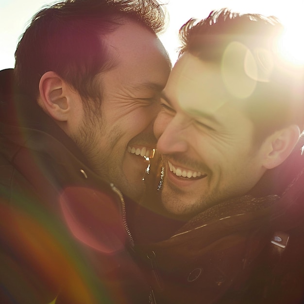 Um casal gay apaixonado a rir-se juntos gerado por IA.