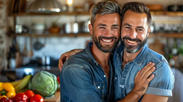 Foto um casal gay apaixonado abraçando-se e sorrindo em uma cozinha moderna.