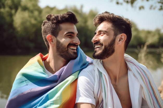Um casal gay feliz a divertir-se ao ar livre.