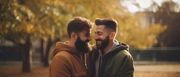Foto um casal gay feliz num parque a olhar um para o outro e a sorrir.
