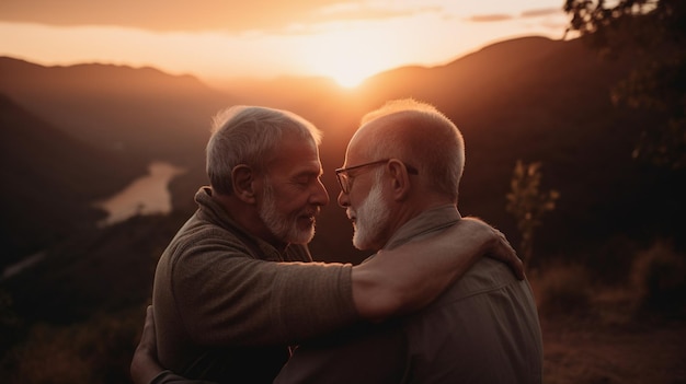 Foto um casal gay mais velho em frente a um pôr do sol deslumbrante imagem generativa de ia