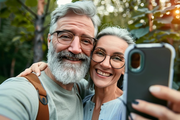 Um casal grisalho alegre captura uma selfie de pôr-do-sol em meio à folhagem de outono