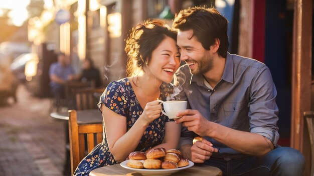 Foto um casal heterossexual alegre a beber café.