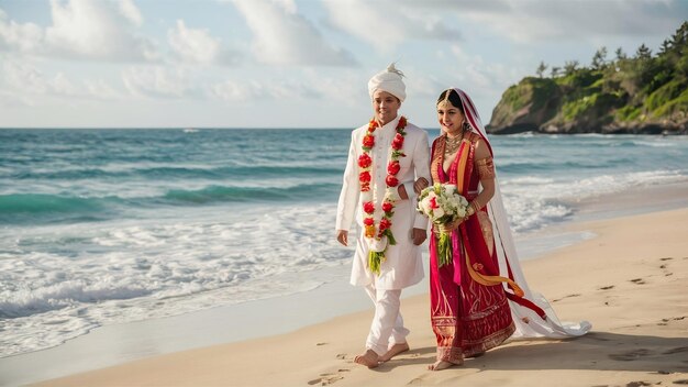 Foto um casal hindu caminha pela costa do oceano.