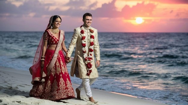 Foto um casal hindu caminha pela costa do oceano.