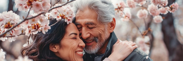 Um casal hispânico feliz e idoso sorrindo e se abraçando sob uma cerejeira em flor