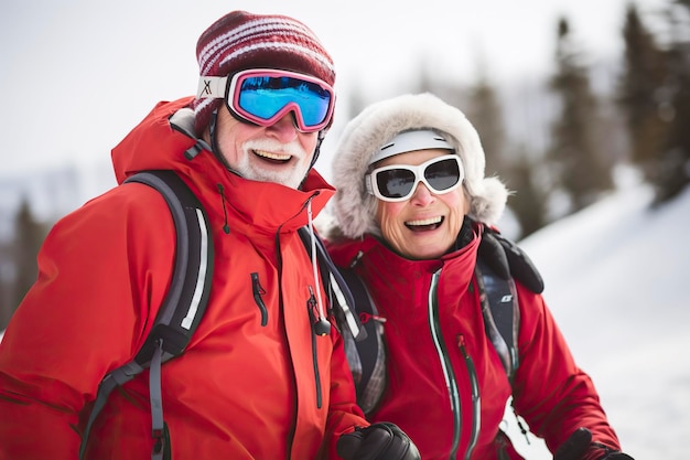 Um casal idoso a esquiar.